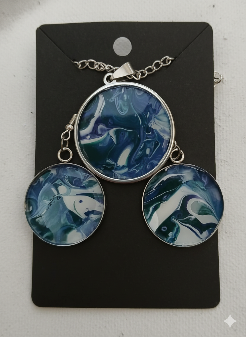 Blue Sea Swirl Pendant & Earrings