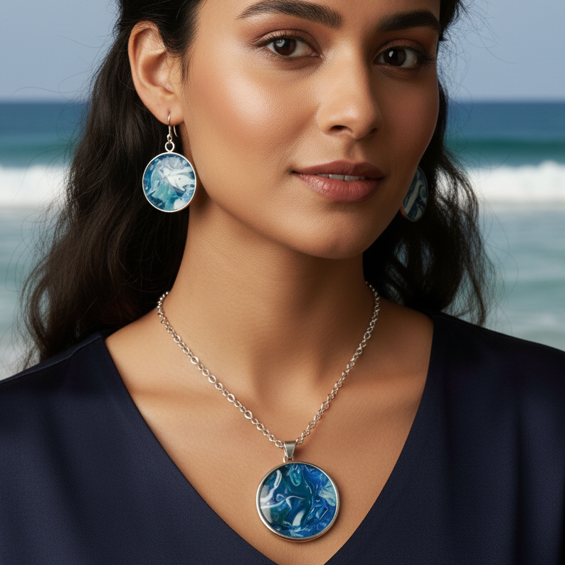 Blue Sea Swirl Pendant & Earrings