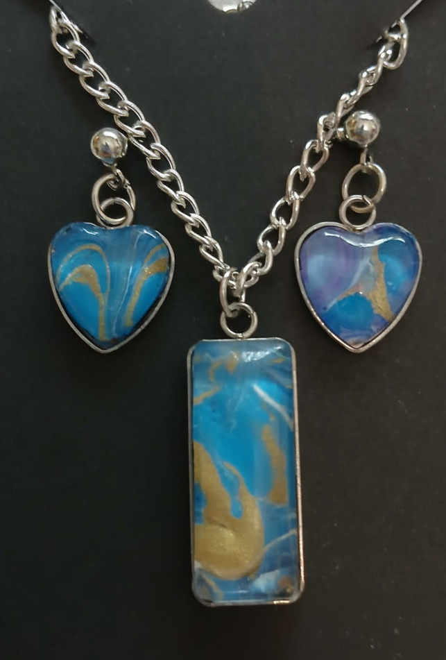 Blue Gold Swirl Pendant & Heart Stud Earrings