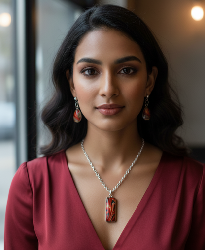 Red Lava Flow Pendant & Stud Earrings