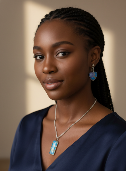 Blue Gold Swirl Pendant & Heart Stud Earrings