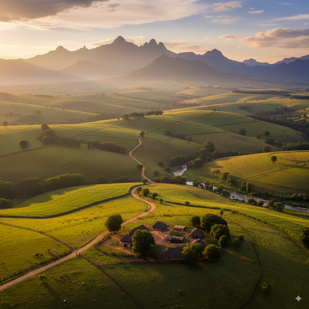 Aerial view of a rural landscape with green fields, a winding road, and mountains in the background.
